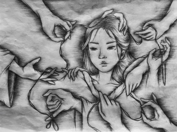 Graphite on rice paper drawing of a person with many hands around them