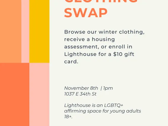 tan background with orange and pink shapes. Text in black and orange: "lighthouse project clothing swap. 1037 e 34th st. November 8th at 1pm