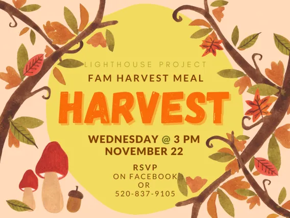 pink background with fall leaves on trees. Text reads "Fam harvest meal. Wednesday, November 22nd at 3pm. RSVP on Facebook or 520-837-9105"