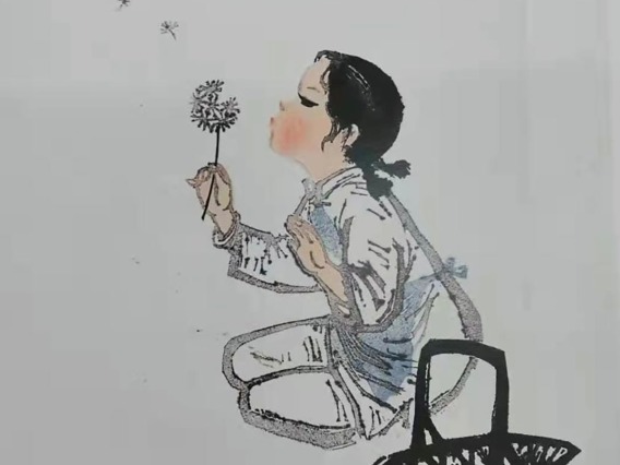 water color girl blowing dandelion