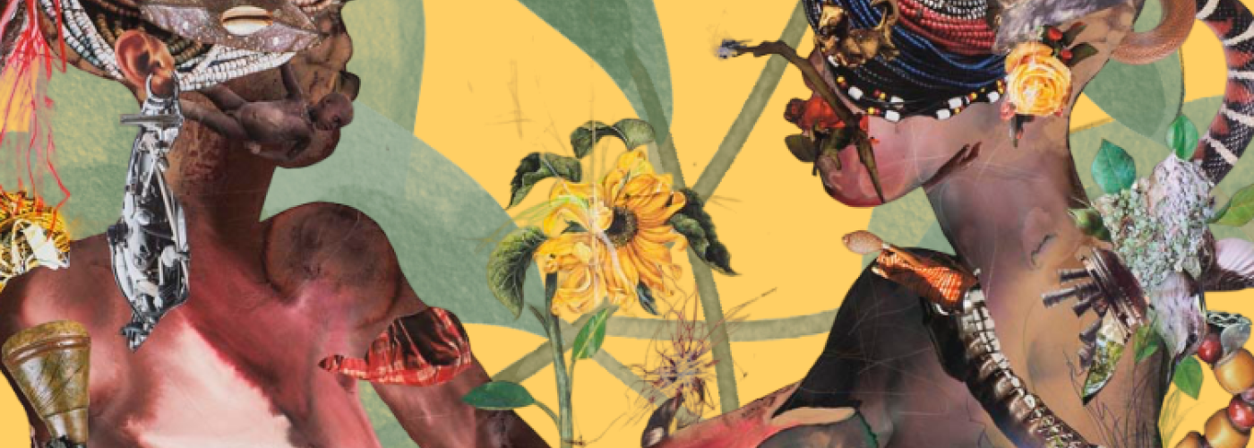 yellow background with green leaves, two Black people with artistic imagery, flowers, feathers, etc., holding hands