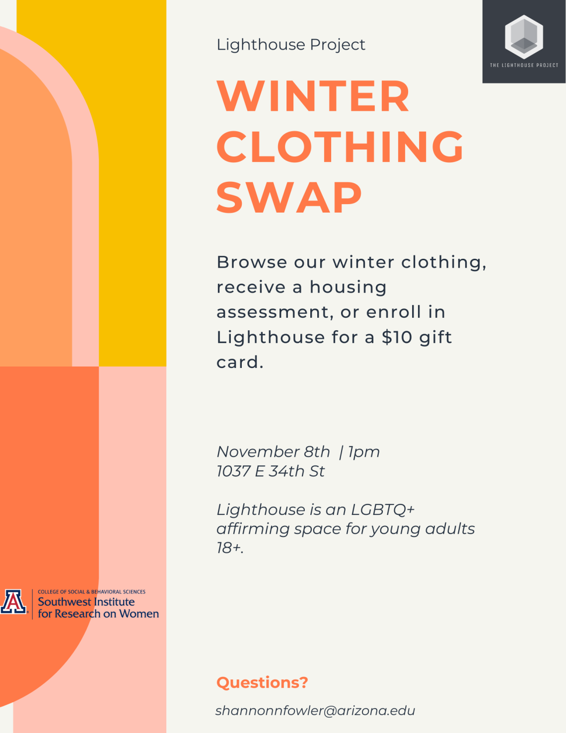 tan background with orange and pink shapes. Text in black and orange: "lighthouse project clothing swap. 1037 e 34th st. November 8th at 1pm