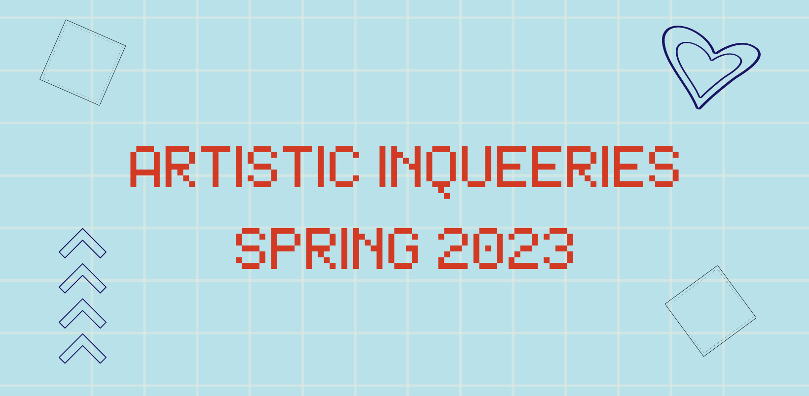 Artistic InQUEERies 2023 banner with hearts and squares on a grid